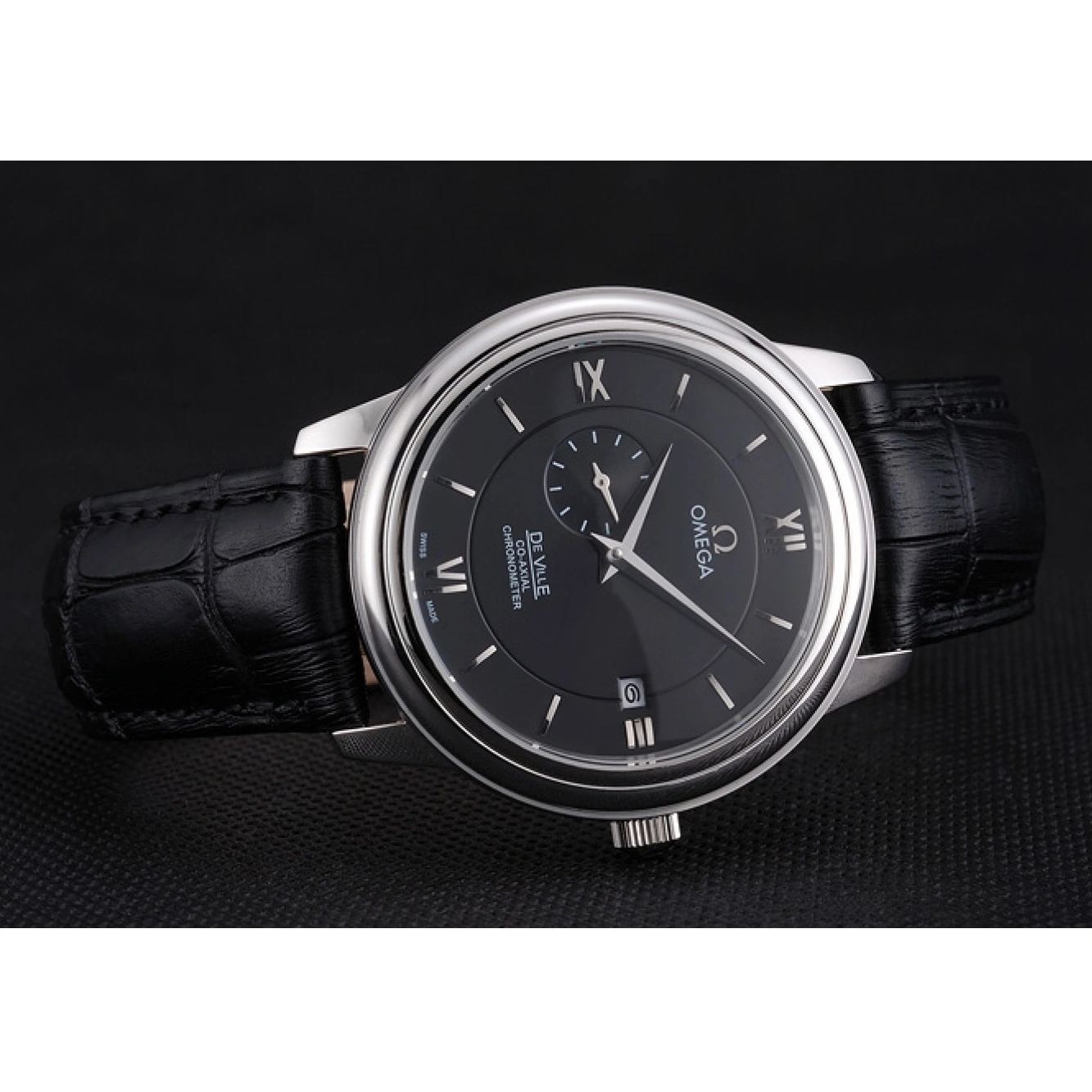 1015 Omega De Ville Prestige Co-Axial Black Dial Silver Case Black Leather Strap Roman Numeral